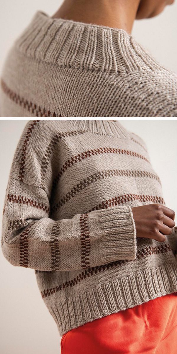 Two pictures of a woman wearing a knitted sweater.