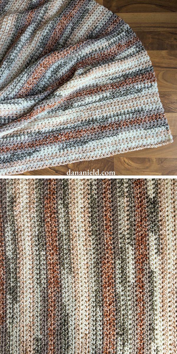 Two crocheted winter afghan pictures on a wooden floor.