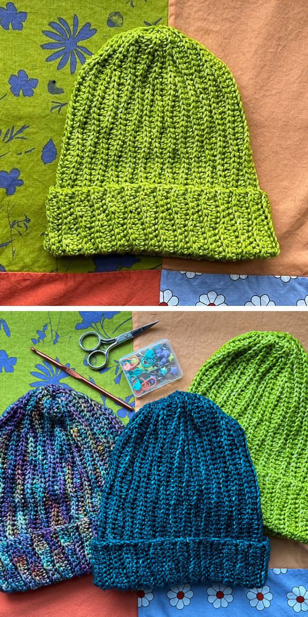 Three pictures of knitted hats on a table.