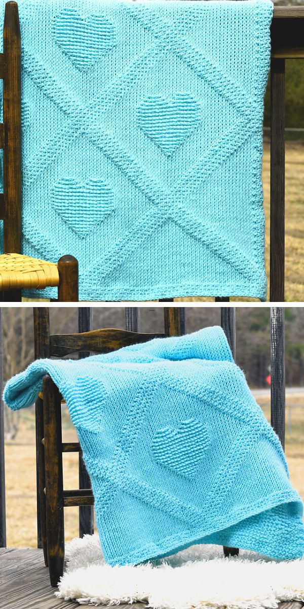 A turquoise crochet Tunisian throw with diamonds and hearts design hanged over the wooden chair