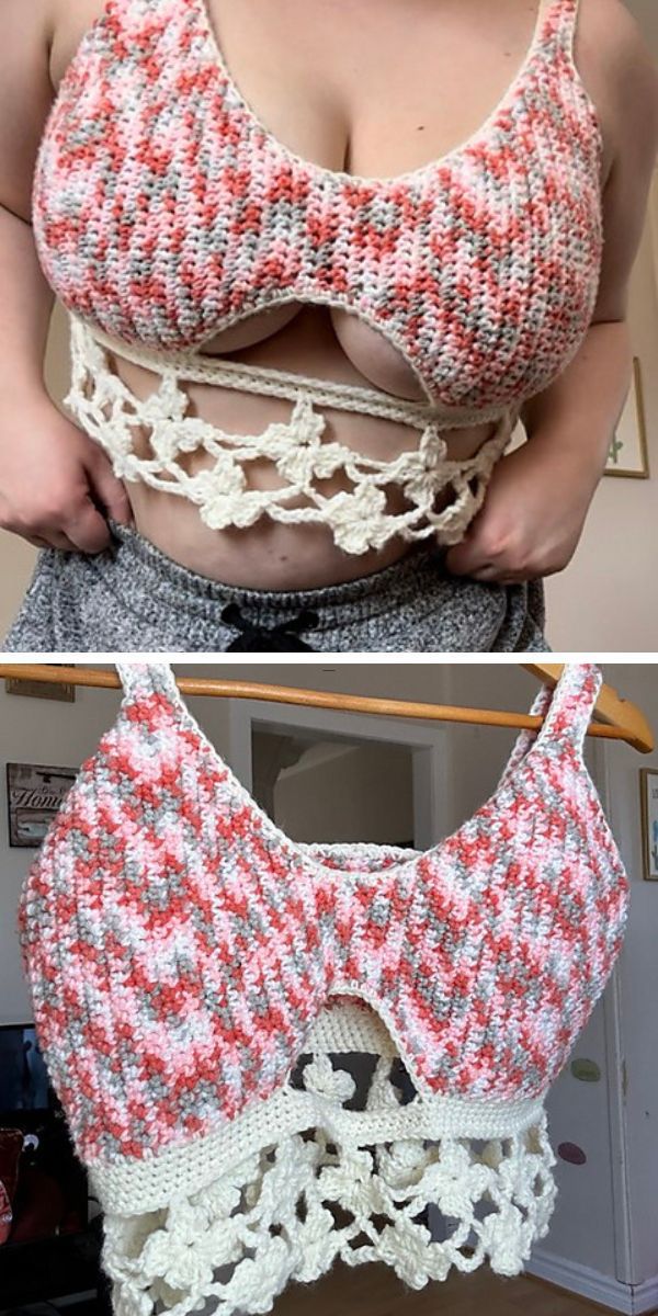 a woman wearing a crochet crop top with a lace flower bottom border