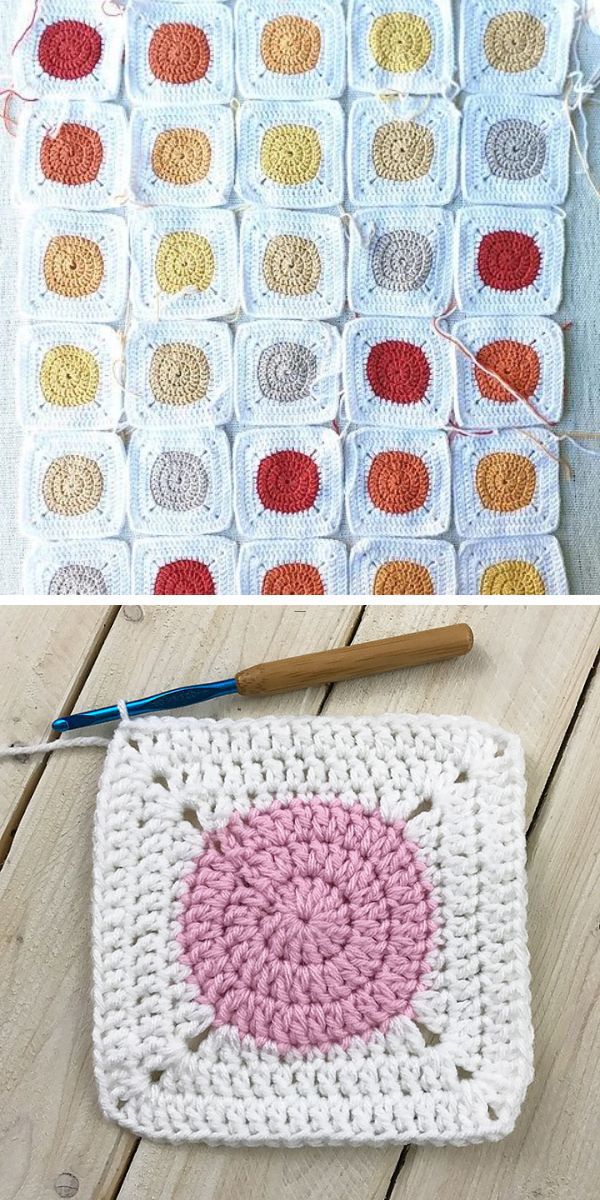 Handmade crochet blankets featuring colorful circles inside squares, with a focus on one partially completed piece and a crochet needle.