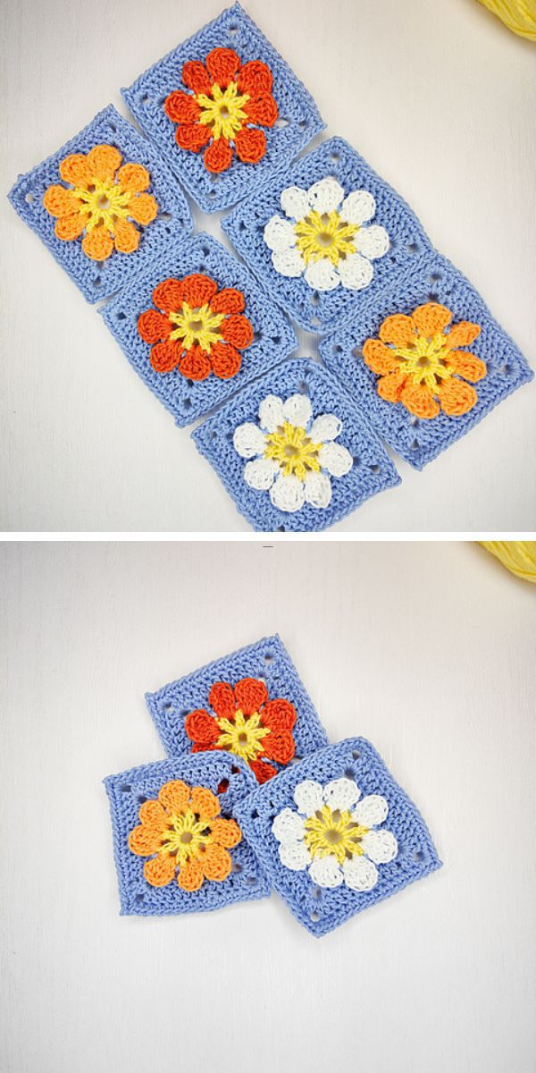 a set of blue crochet granny squares with flower motif in differernt colors