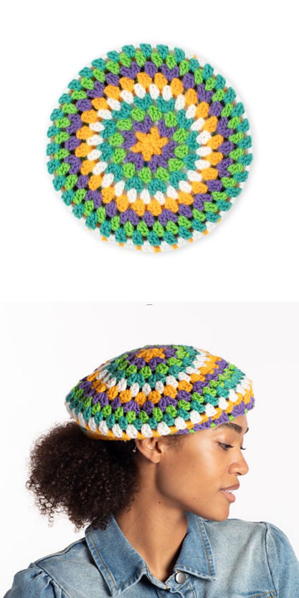Handcrafted colorful crochet beret displayed on a white background.