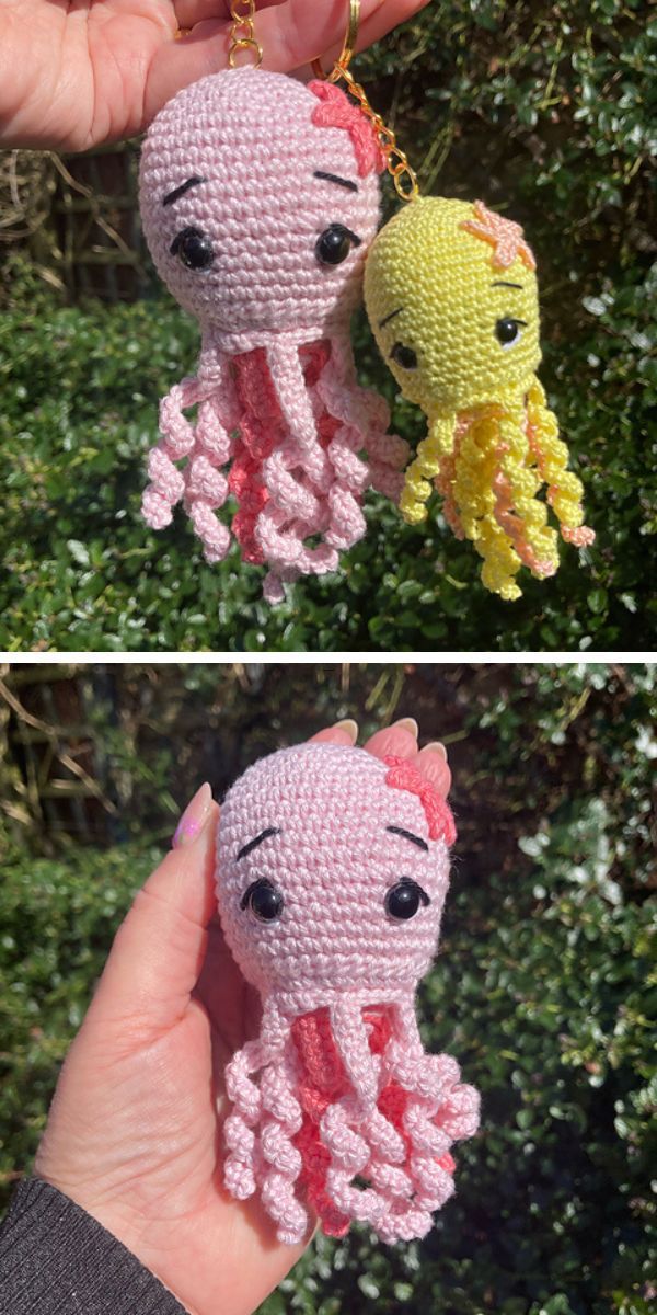 two crocheted jellyfish pocket amigurumi