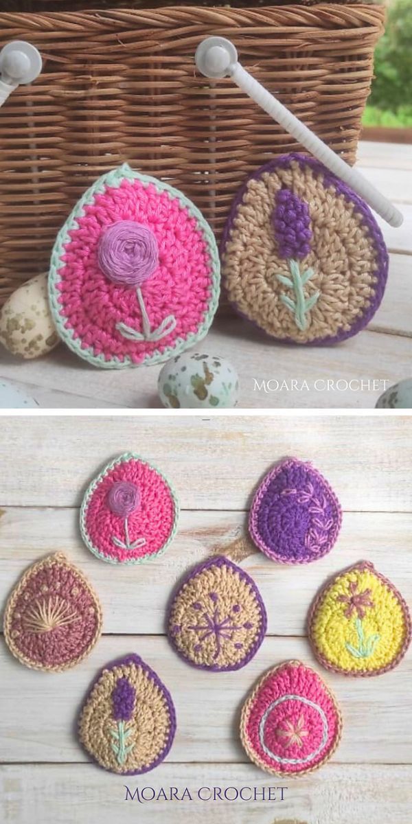 Crochet easter eggs in various colors and patterns displayed next to a basket.