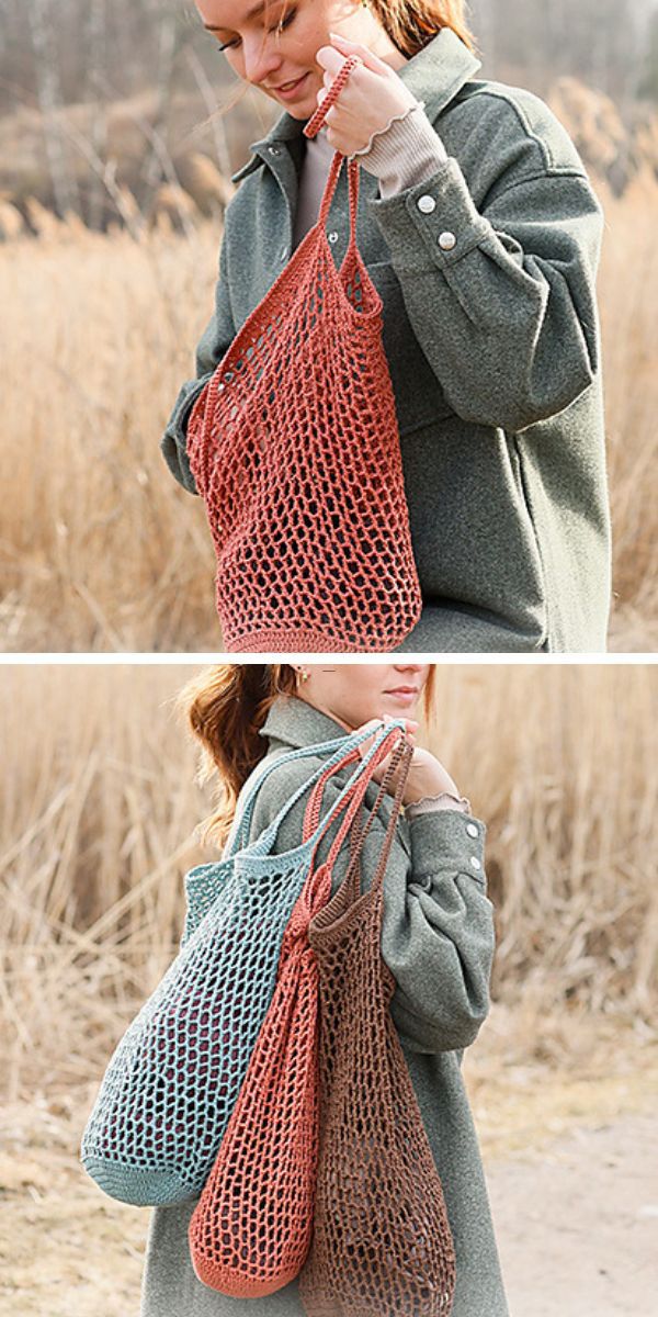 a woman holding two crochet market bags