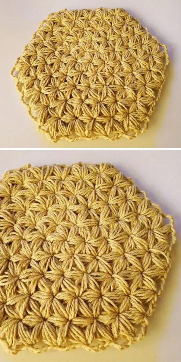 a crochet hexagon made with Jasmine Stitch