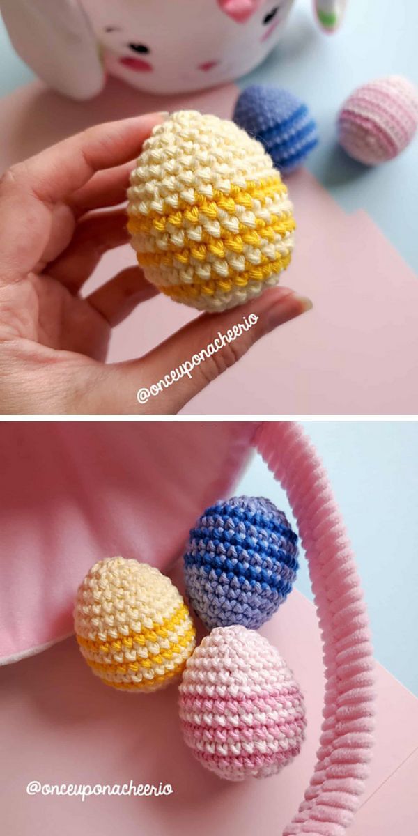three crochet Easter eggs in yellow, pink and blue and striped design