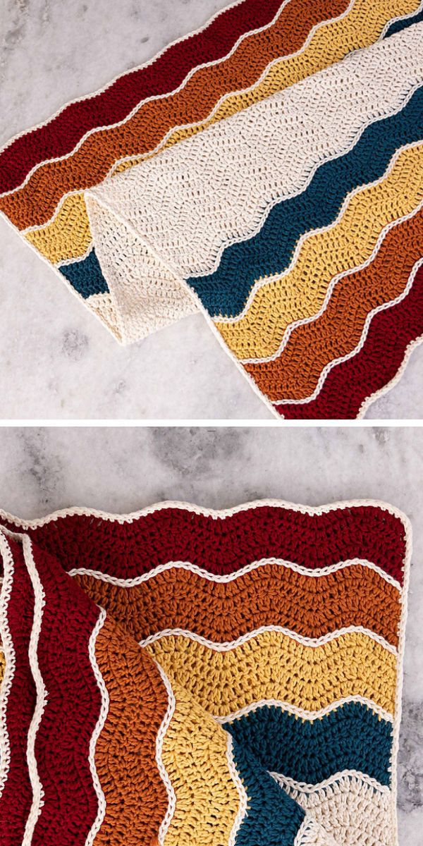 Handcrafted chevron crochet baby blankets with wavy pattern design in warm color tones.