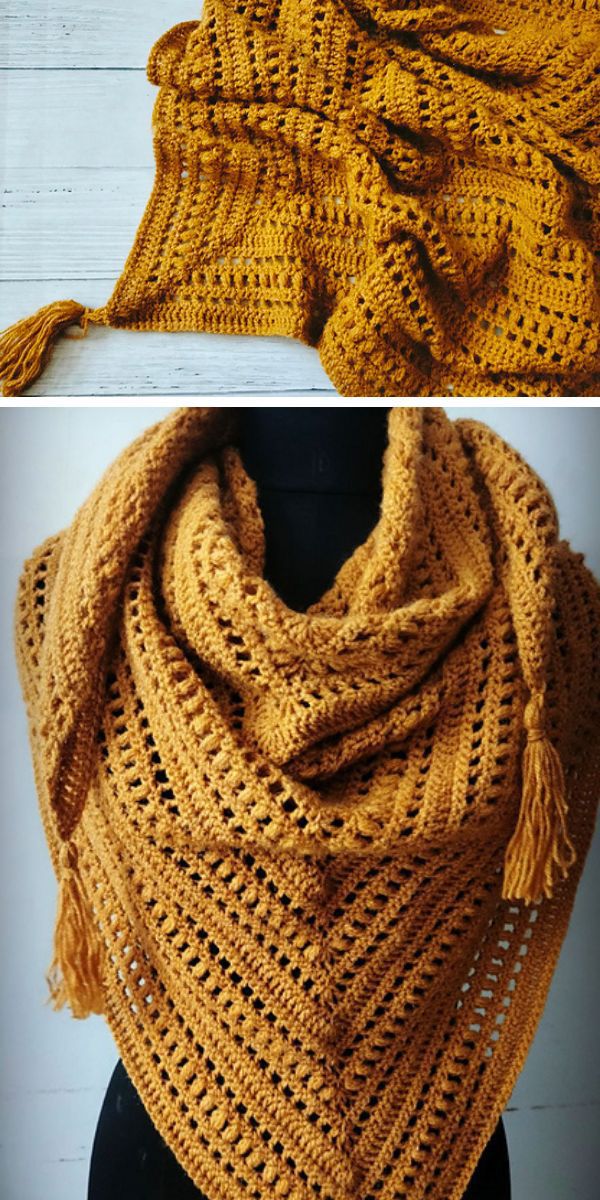 Mustard yellow crocheted shawl with a tassel detail displayed in two styles.