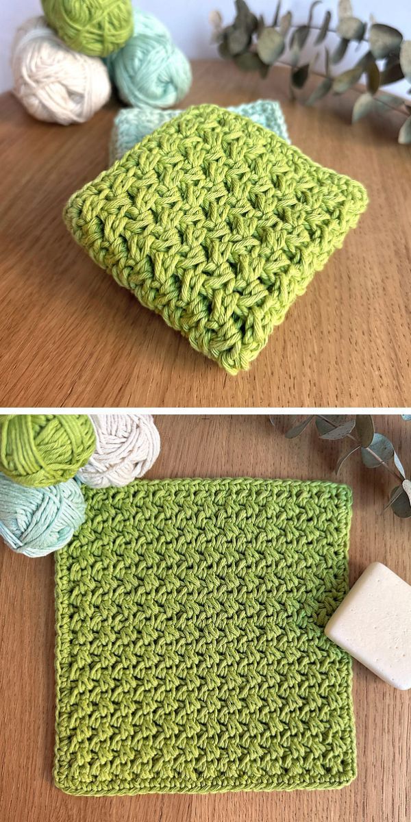 Handcrafted green crochet dishcloths displayed beside yarn balls on a wooden surface.