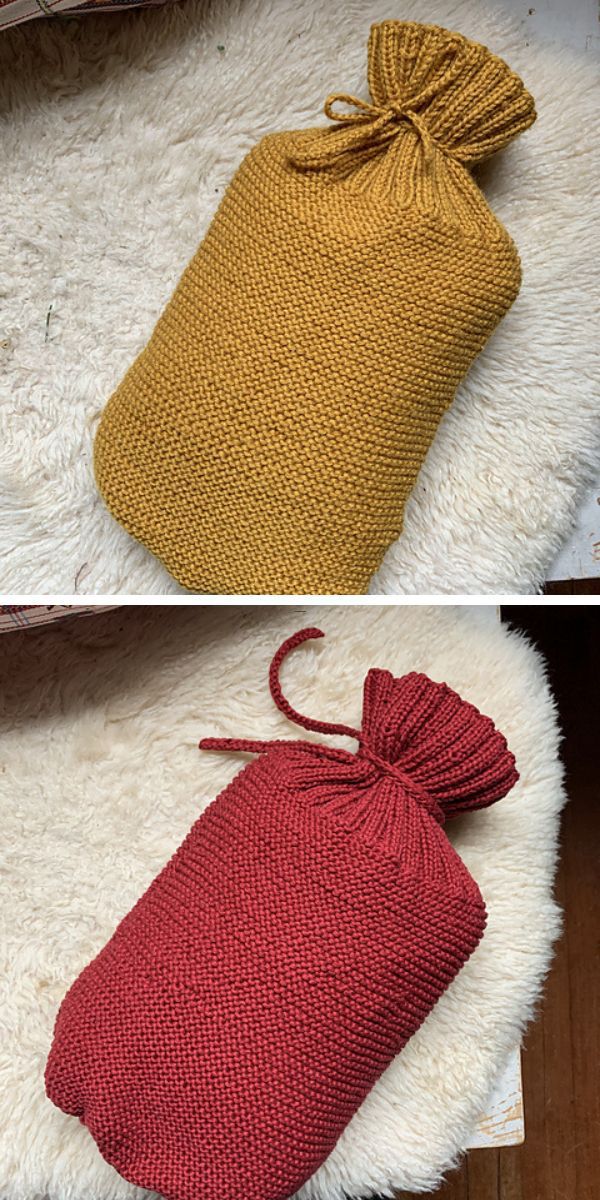 Two pictures of a red and yellow knitted water bottle cover.