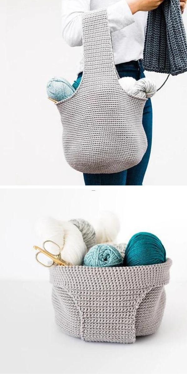 a woman holding a crochet bag full of crochet supplies