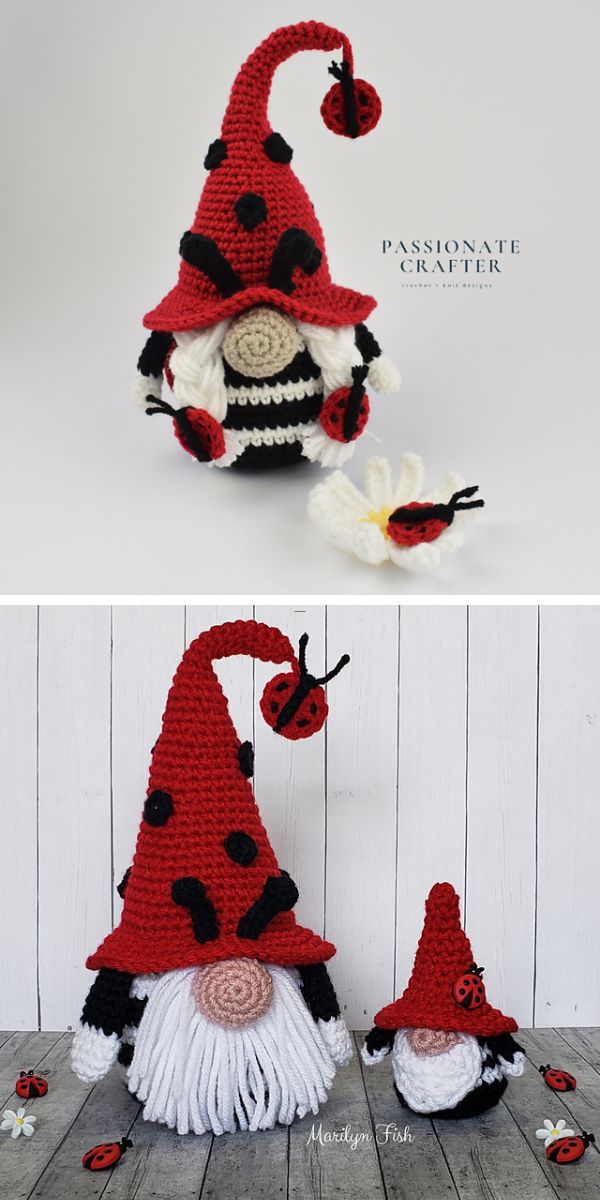 Handcrafted crochet gnome decorations with ladybug theme against a white backdrop.