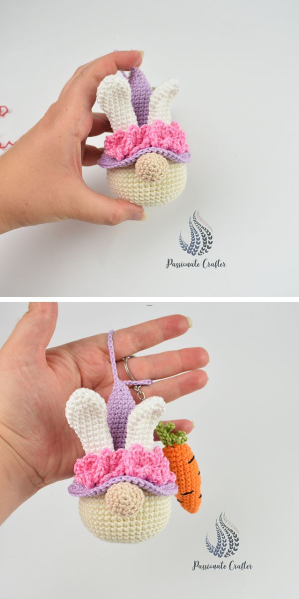 a person holding a small crochet gnome amigurumi with bunny ears and carrot