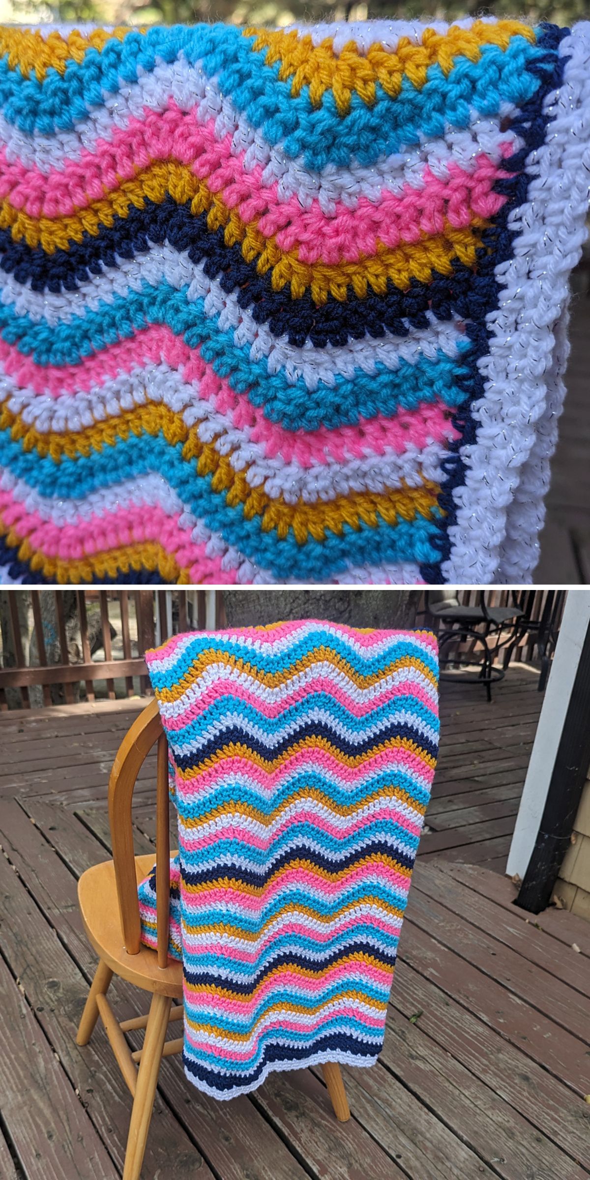 A colorful chevron baby blanket with zigzag crochet patterns drapes over a wooden chair on a deck.