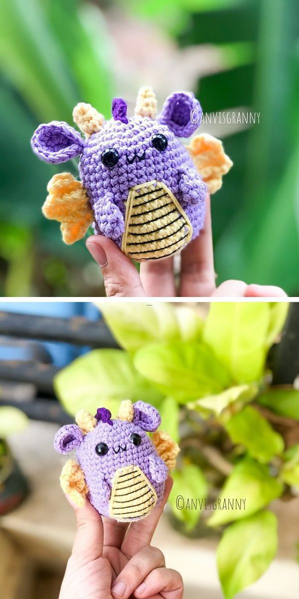 Two pictures of a crocheted dragon.