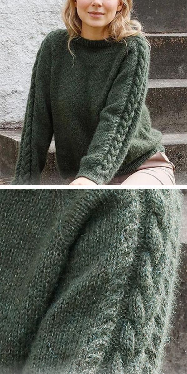 A woman in a green knitted sweater adorned with a detailed sleeve pattern.
