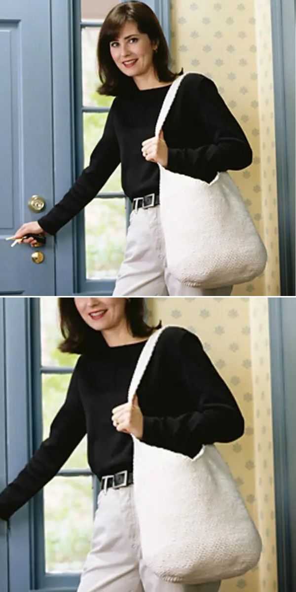 Woman smiling and posing with a large white crossbody bag.