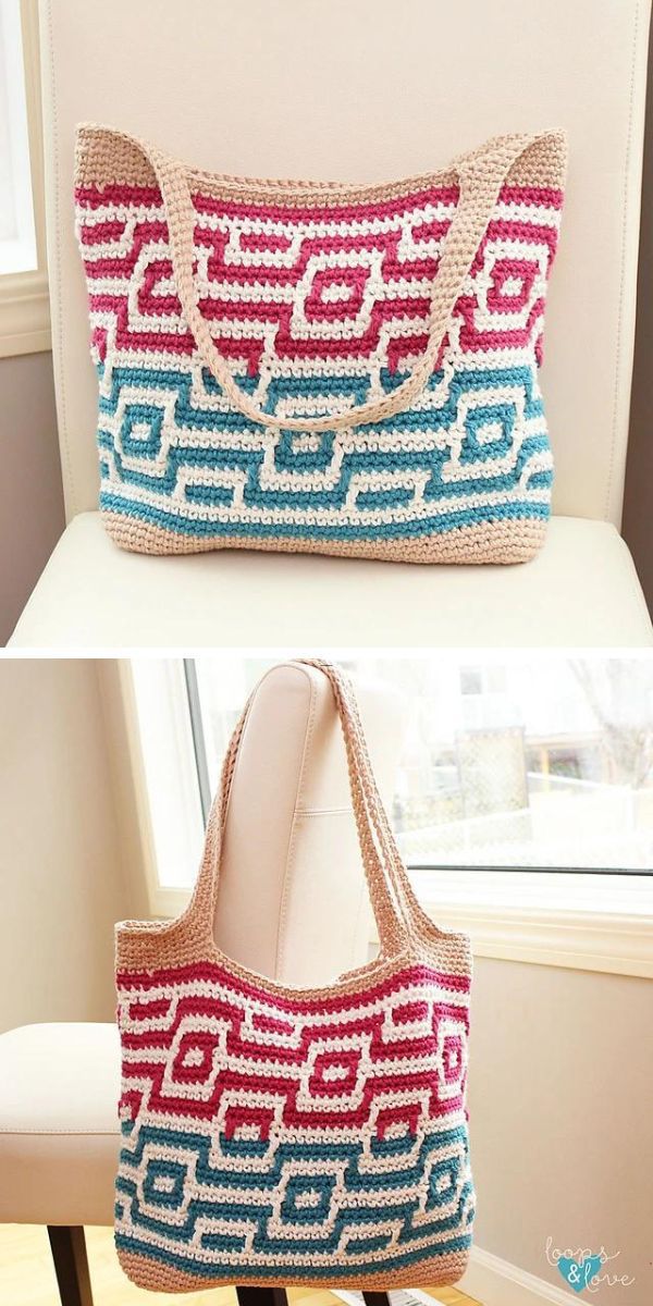 Two views of an easy handmade crochet tote bag with a geometric pattern displayed on a chair.