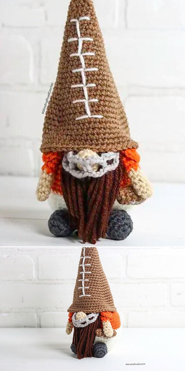 A crochet gnome wearing a football hat.