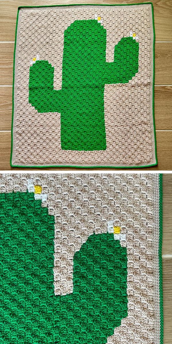 Handmade crochet blankets featuring a green cactus design on a beige background with a green border.