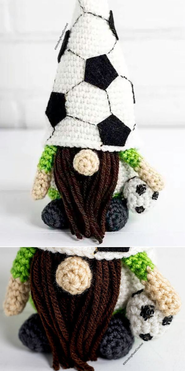         A crocheted Amigurumi soccer gnome with a beard and soccer ball.