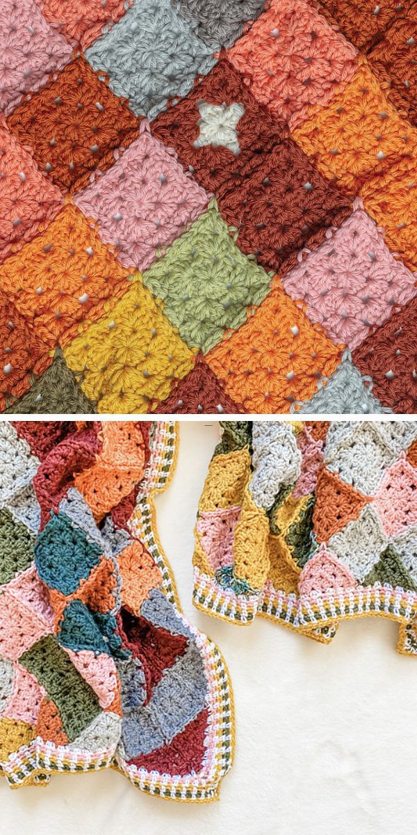 Multicolored crochet blanket with a detailed pattern and scalloped edges.