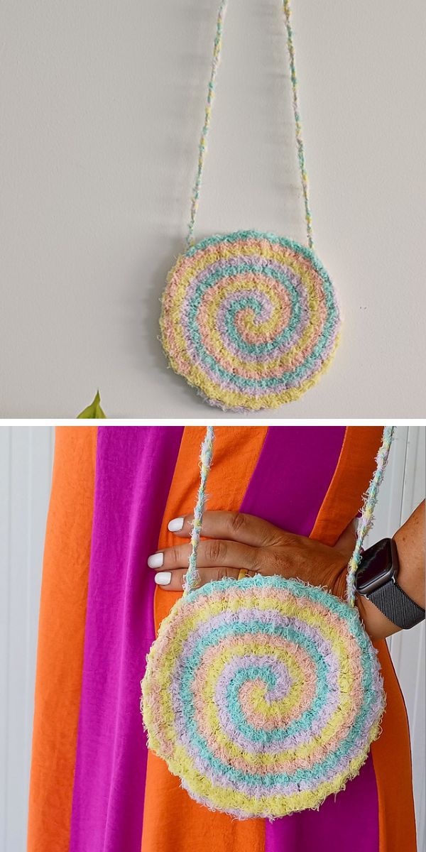 a crochet crossbody bag shaped like a lollipop