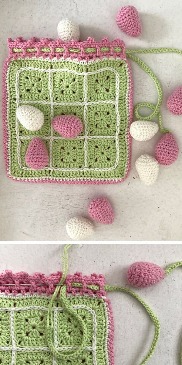 A crocheted bag adorned with green and pink beads.