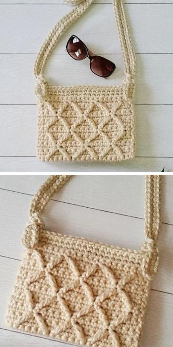 Handmade crochet crossbody bag with textured pattern, accompanied by sunglasses.