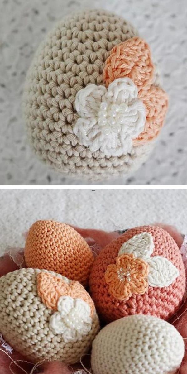 a set of crocheted Easter eggs with flower embelishments