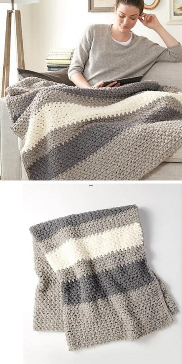 A woman sitting on a couch covered with a modern crochet blanket, with the blanket shown alone folded in the image below.