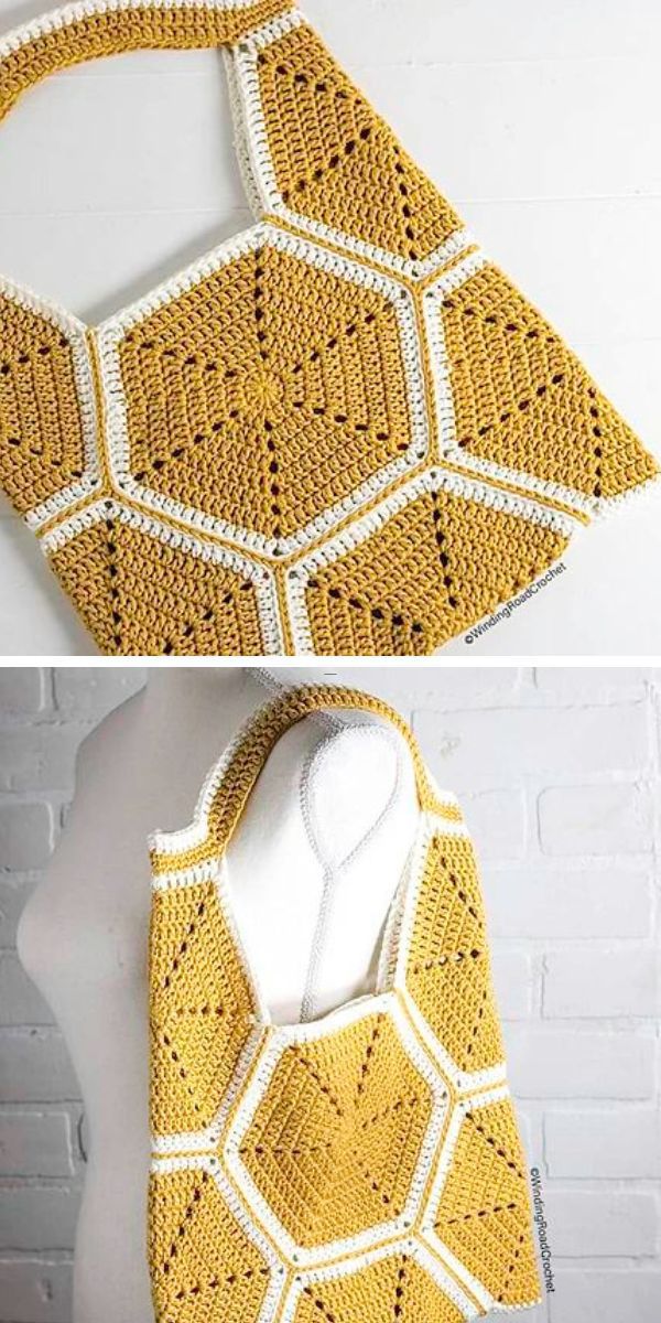A handmade yellow crochet easy tote bag with geometric patterns, displayed flat and on a mannequin to show style and wearability.