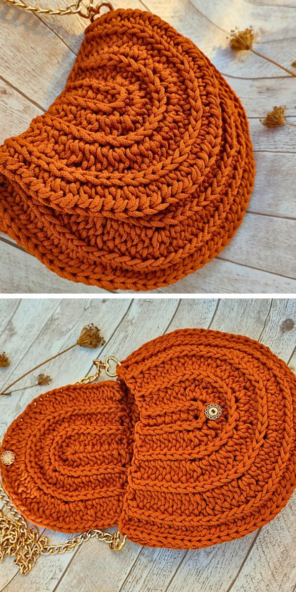 Two pictures of an orange crocheted crossbody purse.