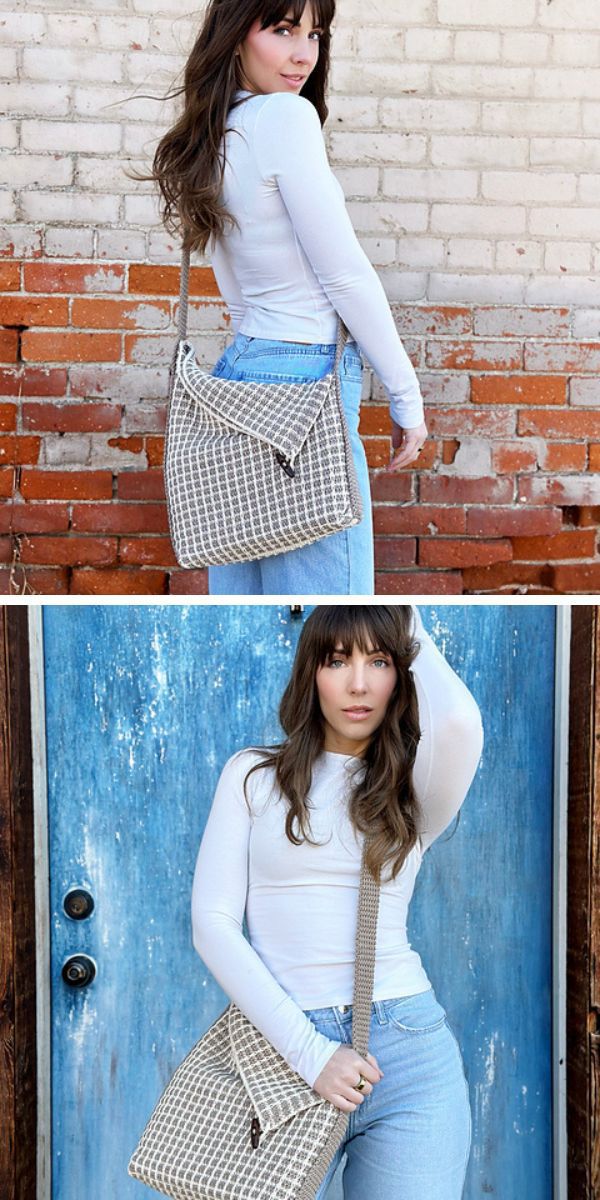 Woman posing with a stylish checkered crossbody bag against a brick wall and a blue door.