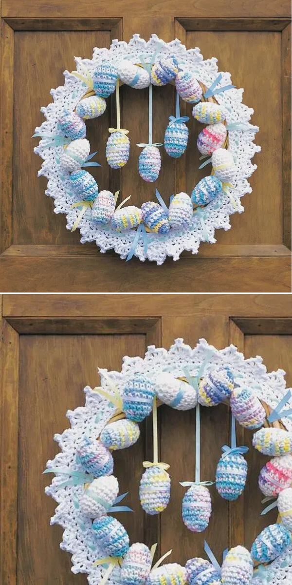 A wreath made of crocheted eggs perfect for Easter decoration.