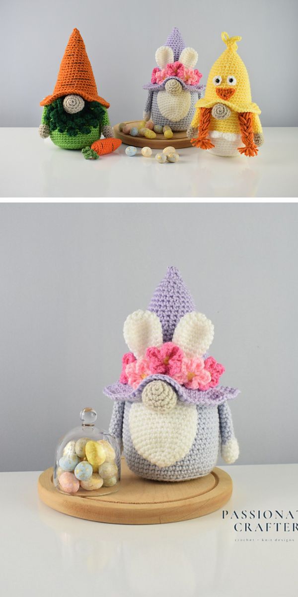 Three handcrafted crochet amigurumi Easter gnome decorations displayed on a table, each adorned with pastel-colored hats and spring-themed embellishments.