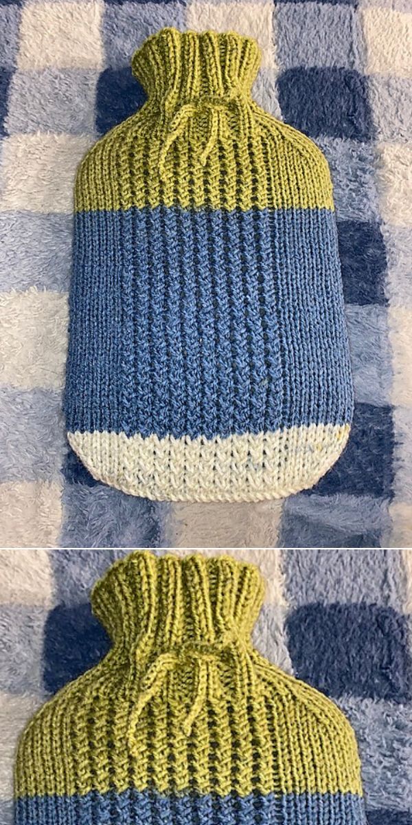 Two pictures of knitted hot water bottle covers.
