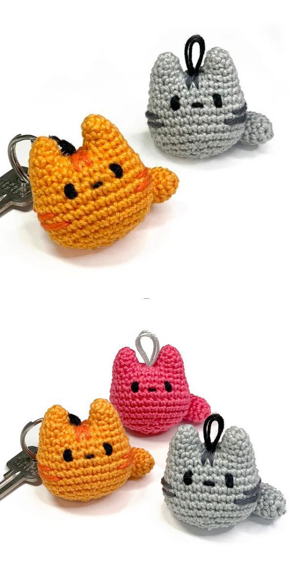 Handmade crochet cat keychains in orange, grey, and pink displayed against a white background.