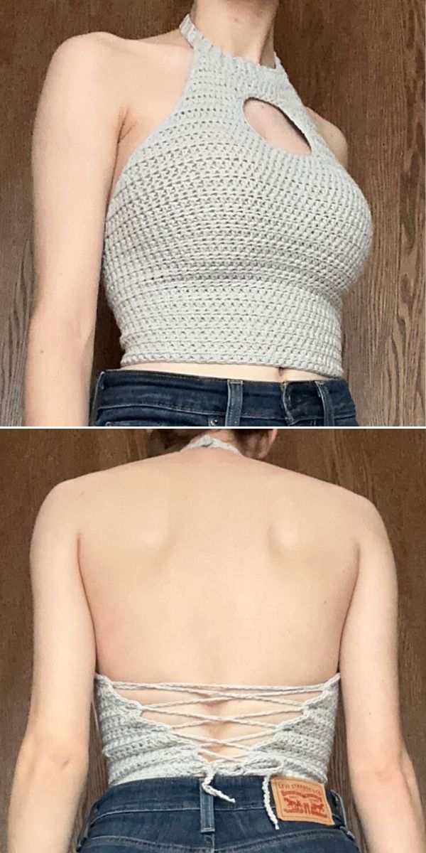 Two pictures of a woman in a crochet top perfect for summer.