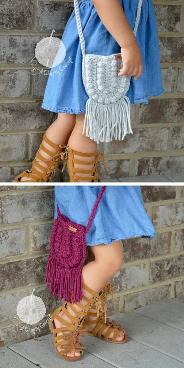 A child in a blue dress and strappy sandals holds a small, blue crocheted crossbody bag with fringe detailing; a similar bag in purple is also displayed.