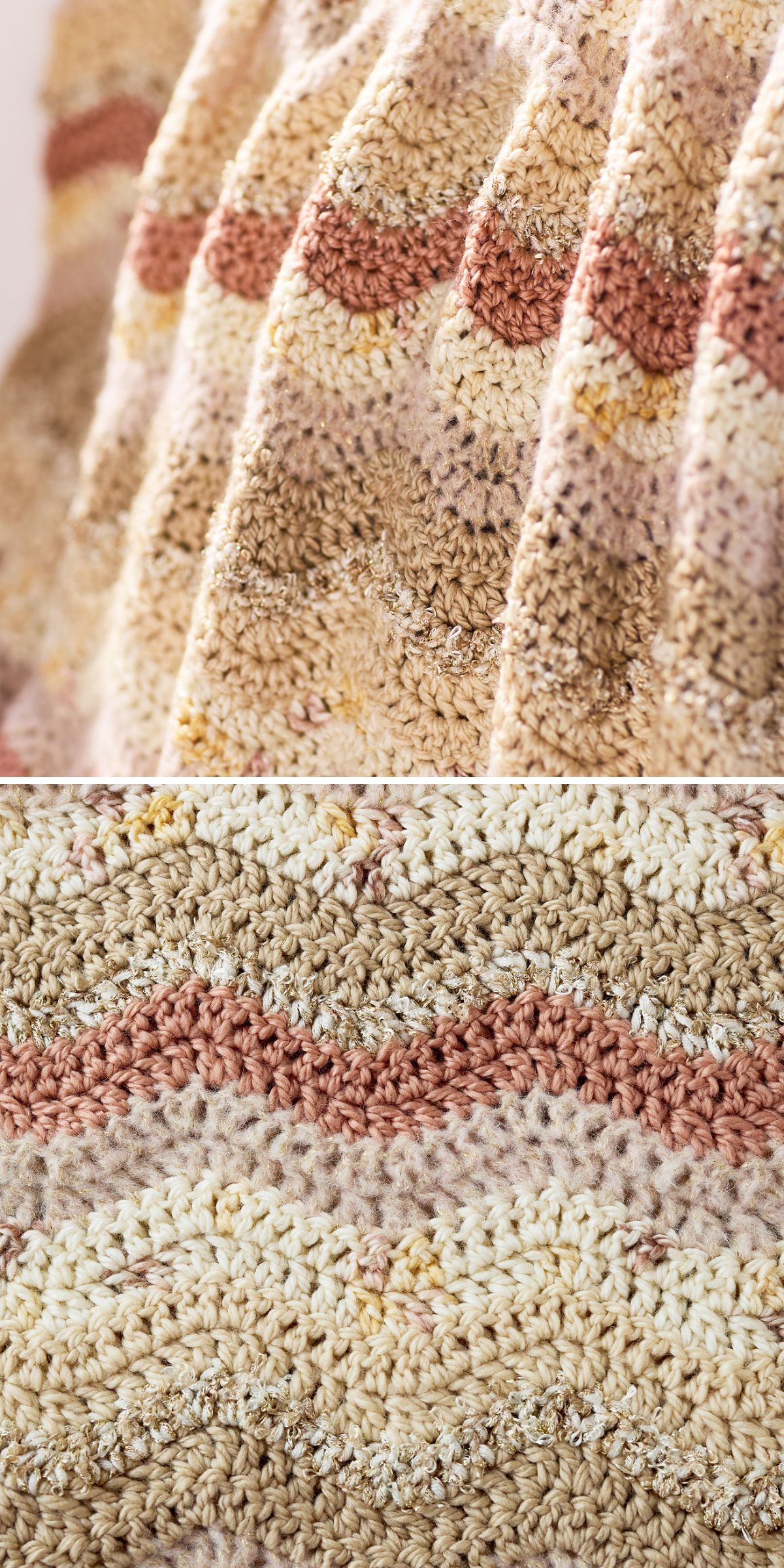 Close-up of a knitted chevron baby blanket, its intricate crochet showcasing zigzag patterns in shades of cream, pink, and brown.