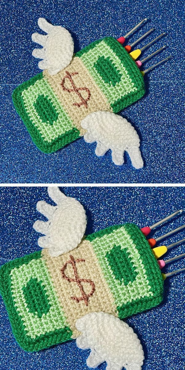 a crocheted hookcase in the shape of a feathered paper dollar