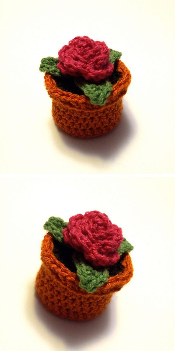 a crocheted rose with a flower pot