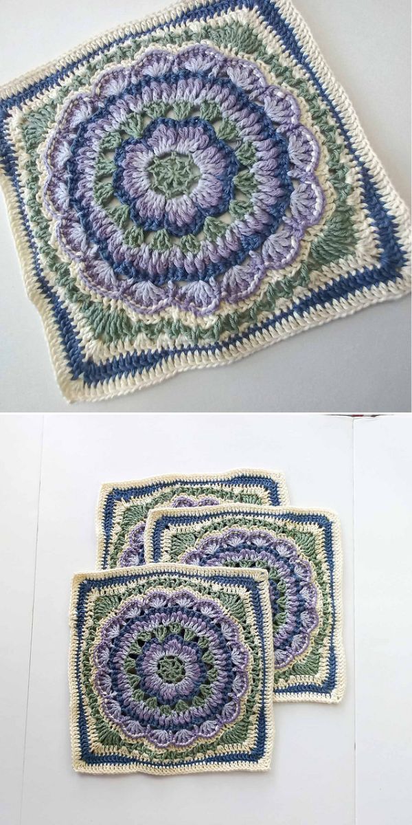 three crochet granny squares with a flower design 