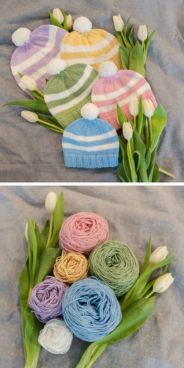 a set of striped knit beanies in different sizes and colors