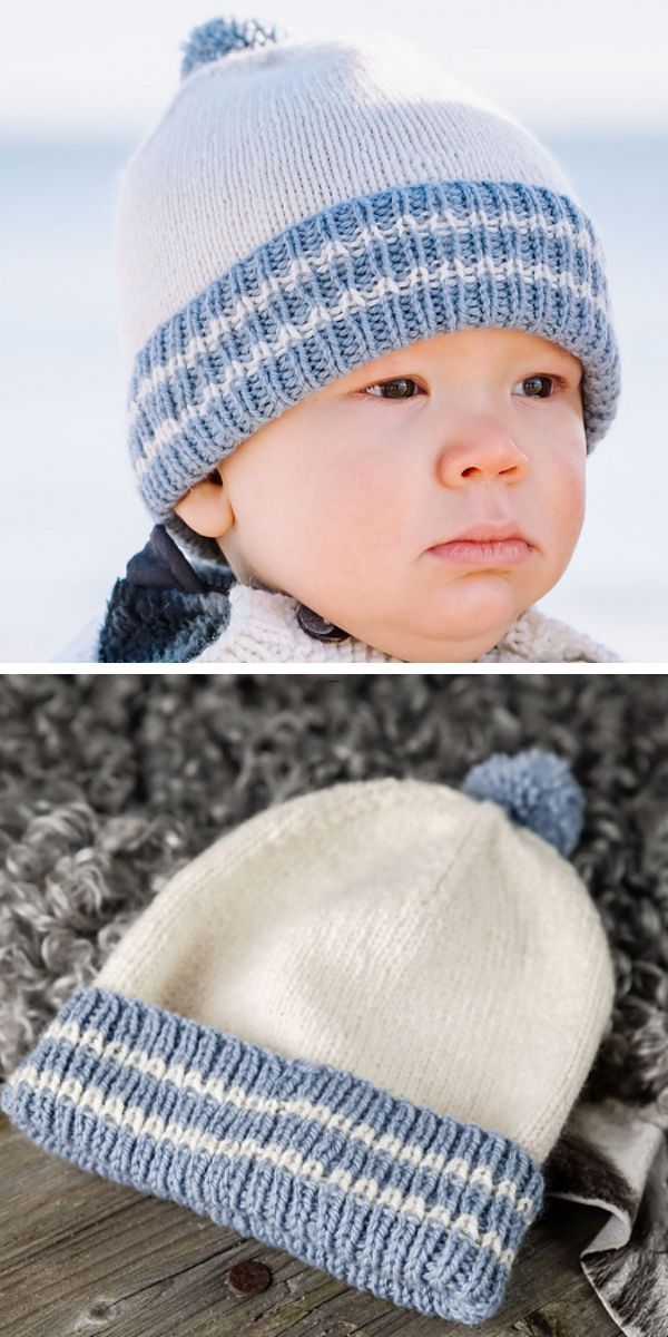 a baby wearing a knit beanie in blue and white