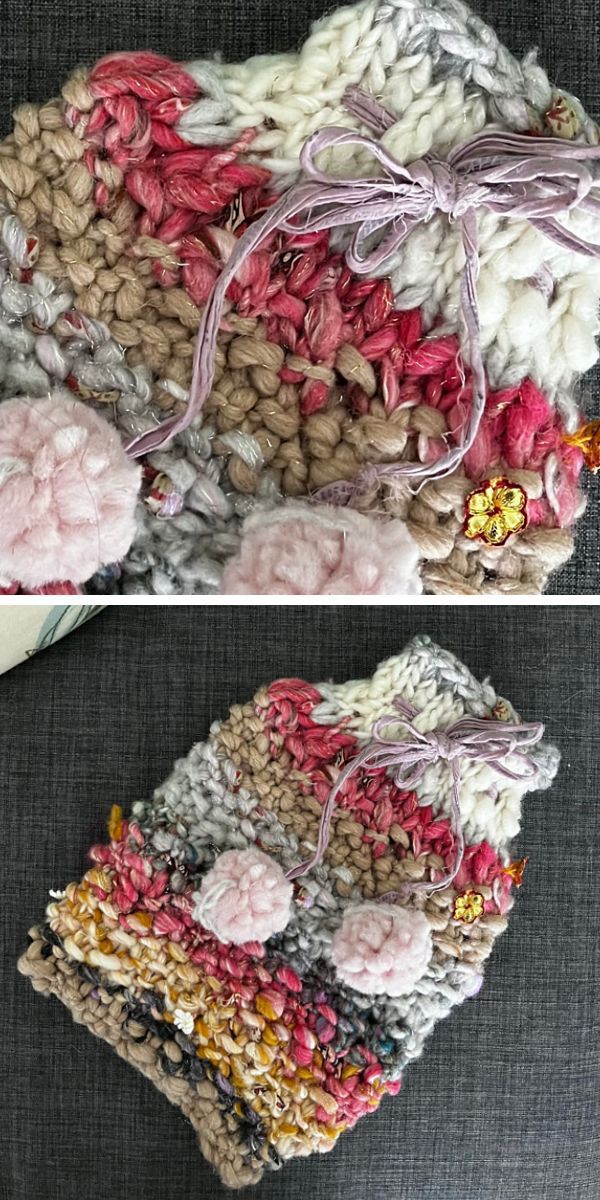 a crochet hot water bottle cozy in several colors and two puff balls